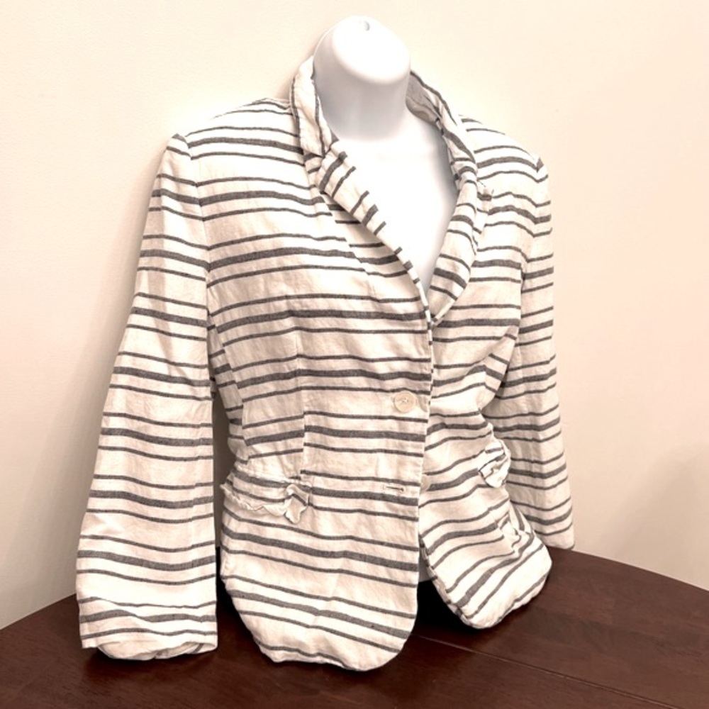 Banana Republic Factory Cream and Gray Striped Single-Button Blazer